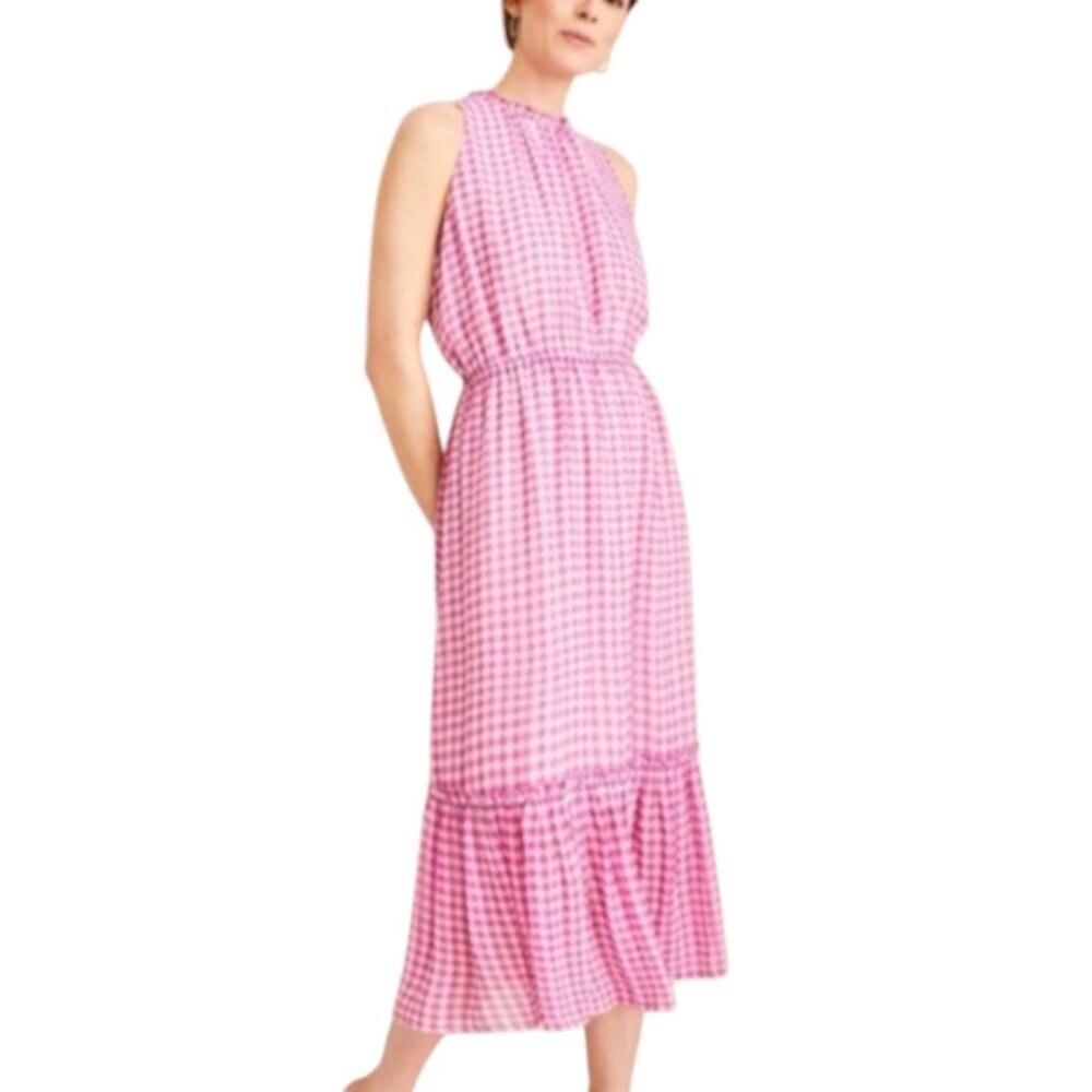 Ann Taylor Verbena Gingham Ruffle Neck Sleeveless Midi Purple Dress